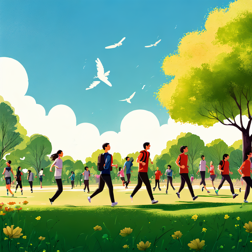 海报背景为郁郁葱葱的公园，阳光明媚，草地上有人们在散步和跑步。图片中的人们穿着运动装备，笑容满面，象征着活动的快乐与健康